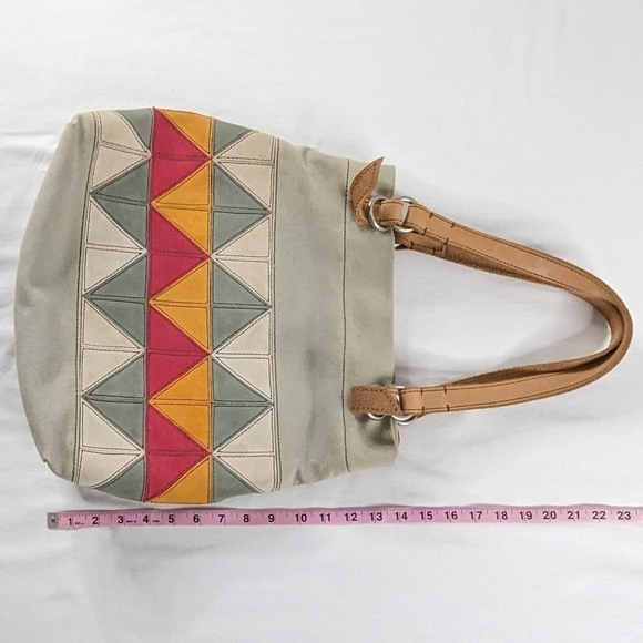 Fossil Canvas Pink Gray Patchwork Diamond Triangle Leather Strap Tote Bag - Picture 9 of 9